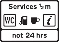 Distance ahead to services, with details of the services provided — UK road sign