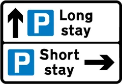 Directions to different types of parking place from a junction ahead — UK road sign