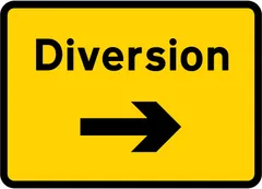 Start of temporary diversion route to the right — UK road sign