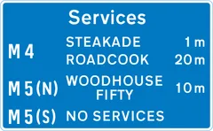 Availability of motorway service areas ahead with distances and names of operators — UK road sign