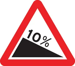 Safety Margins topic icon: Steep hill downwards ahead (10%) sign