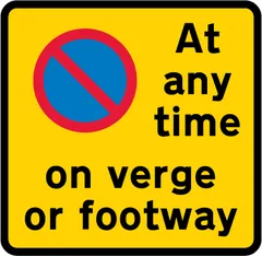 Continuous prohibition on waiting except loading and unloading on verge or footway — UK road sign