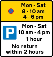 Waiting prohibited during the periods indicated (upper panel), and parking for all vehicles, with restrictions on length of waiting time and return period (lower panel) — UK road sign