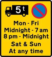 Waiting by goods vehicles over a gross weight of 5T prohibited during the periods and in the direction indicated — UK road sign