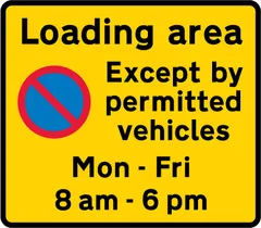 Entrance to a designated off-highway loading area in which waiting restrictions apply — UK road sign