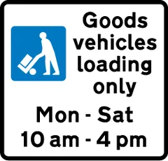 Bay reserved for loading and unloading by goods vehicles during the period indicated — UK road sign