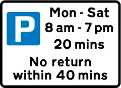 Free parking for all vehicles, with restrictions on length of waiting time and return period — UK road sign