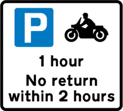 Free parking for motor cycles only, with restrictions on length of waiting time and return period — UK road sign
