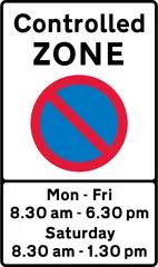 Entrance to a controlled parking zone in operation during the period indicated — UK road sign