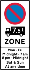 Entrance to a controlled parking zone applying to goods vehicles over a gross weight of 7.5T during the period indicated — UK road sign