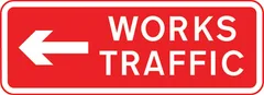 Direction to be taken by road works or construction traffic at a junction ahead — UK road sign