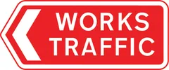 Direction to be taken by road works or construction traffic at a junction or works entrance — UK road sign