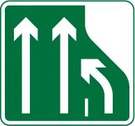 Number of lanes of traffic lanes ahead on a primary route reduces from three lanes to two. Traffic in the right hand lane must move into the lane on the immediate left — UK road sign