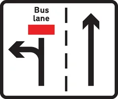 Appropriate traffic lanes for different manoeuvres at a junction after a break in a bus lane — UK road sign