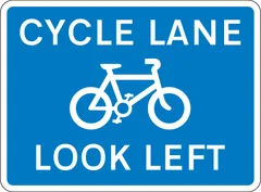 Cycle lane with traffic proceeding from left (pedestrian reminder) — UK road sign