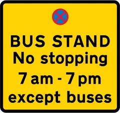 Place where buses may stand and the stopping of other vehicles is prohibited during the period indicated — UK road sign