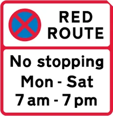 No stopping for any purpose during the period indicated — UK road sign