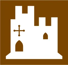 Tourist symbol for England and Wales: castle of historic or architectural interest — UK road sign